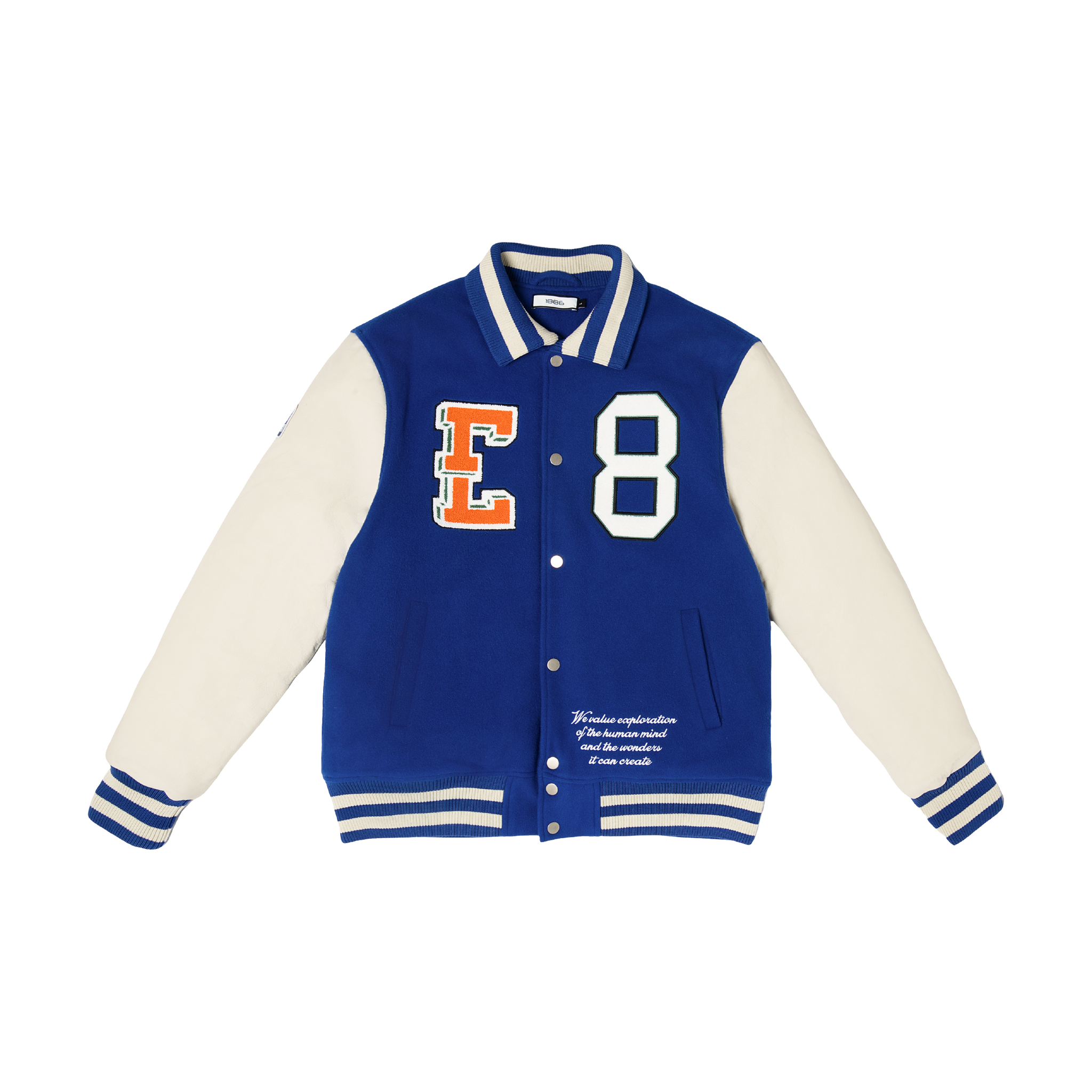 Baseball Jacket Wool Body , Leather Sleeves - Blue