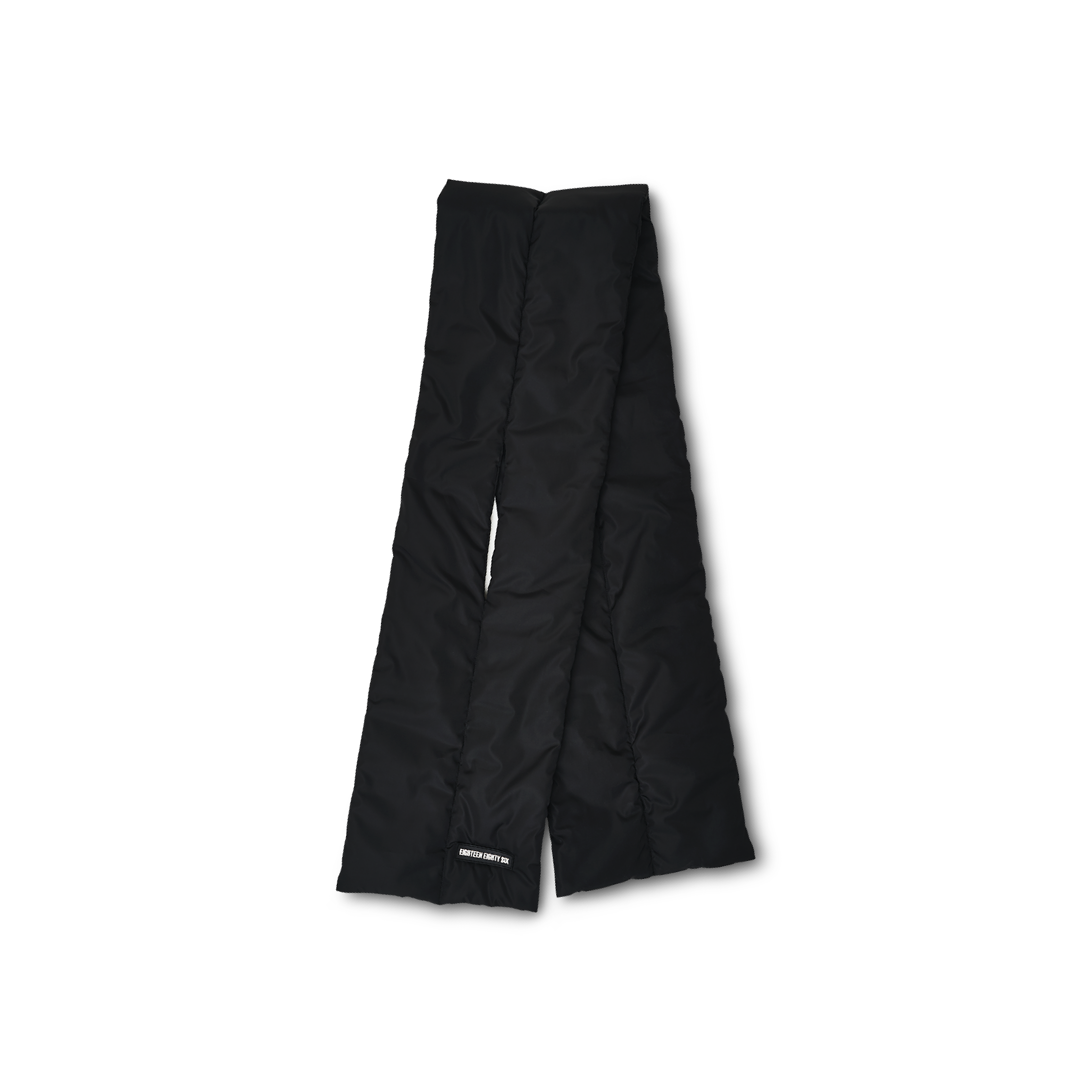 Rectangular down puffer scarf in black featuring Eighteen Eighty-Six logo patch sewn at bottom