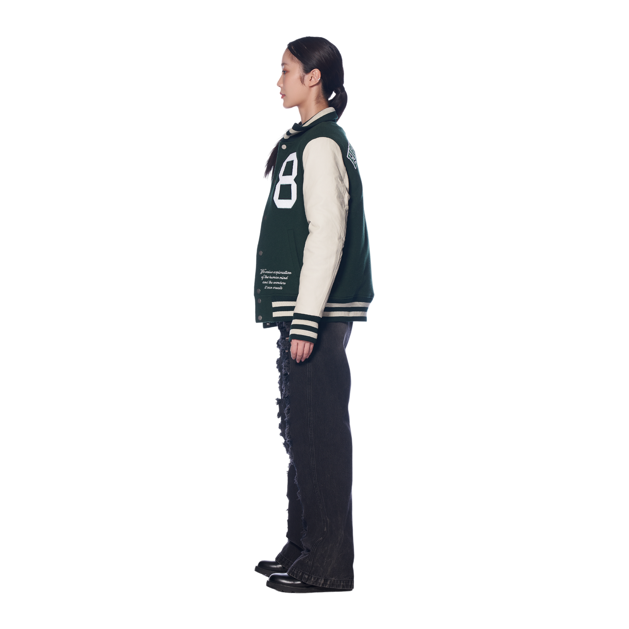 Baseball Jacket Wool Body , Leather Sleeves - Green