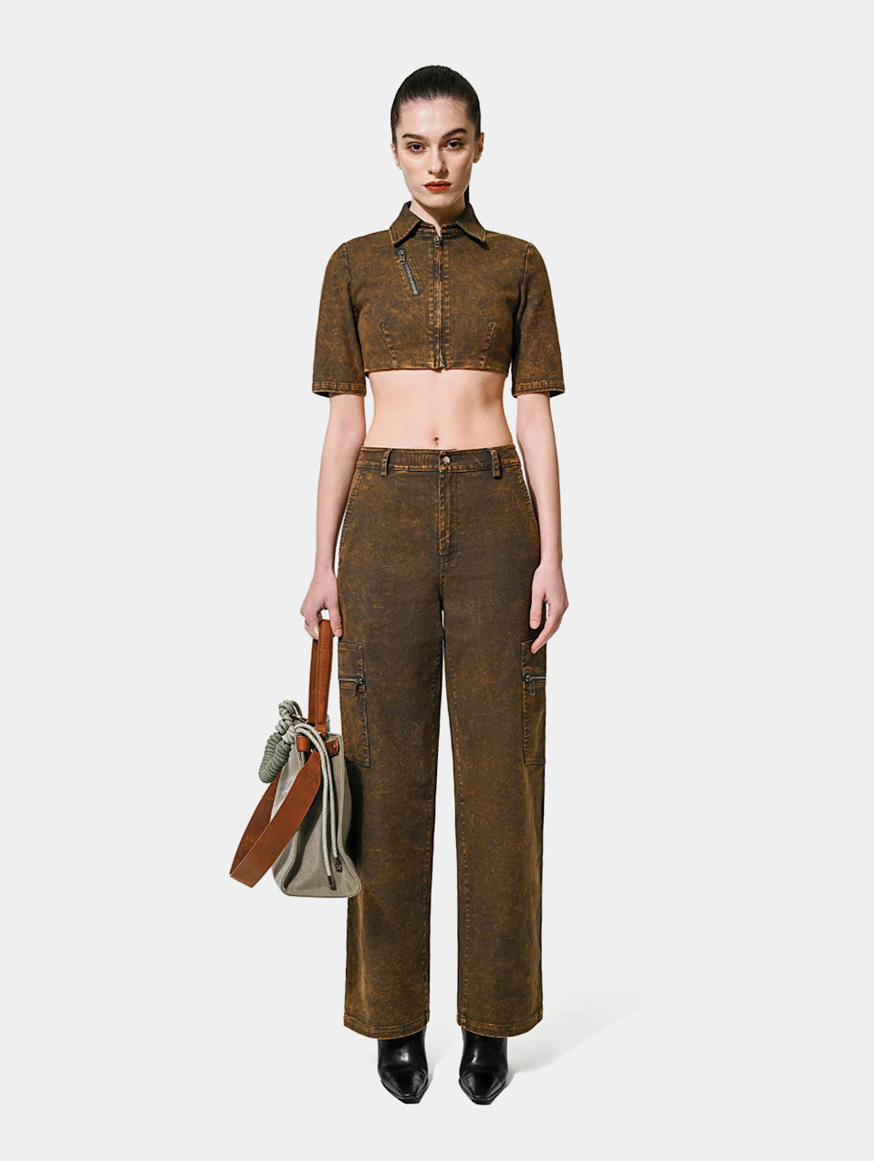 CROPPED OVER DYE ZIP TOP - CARAMEL