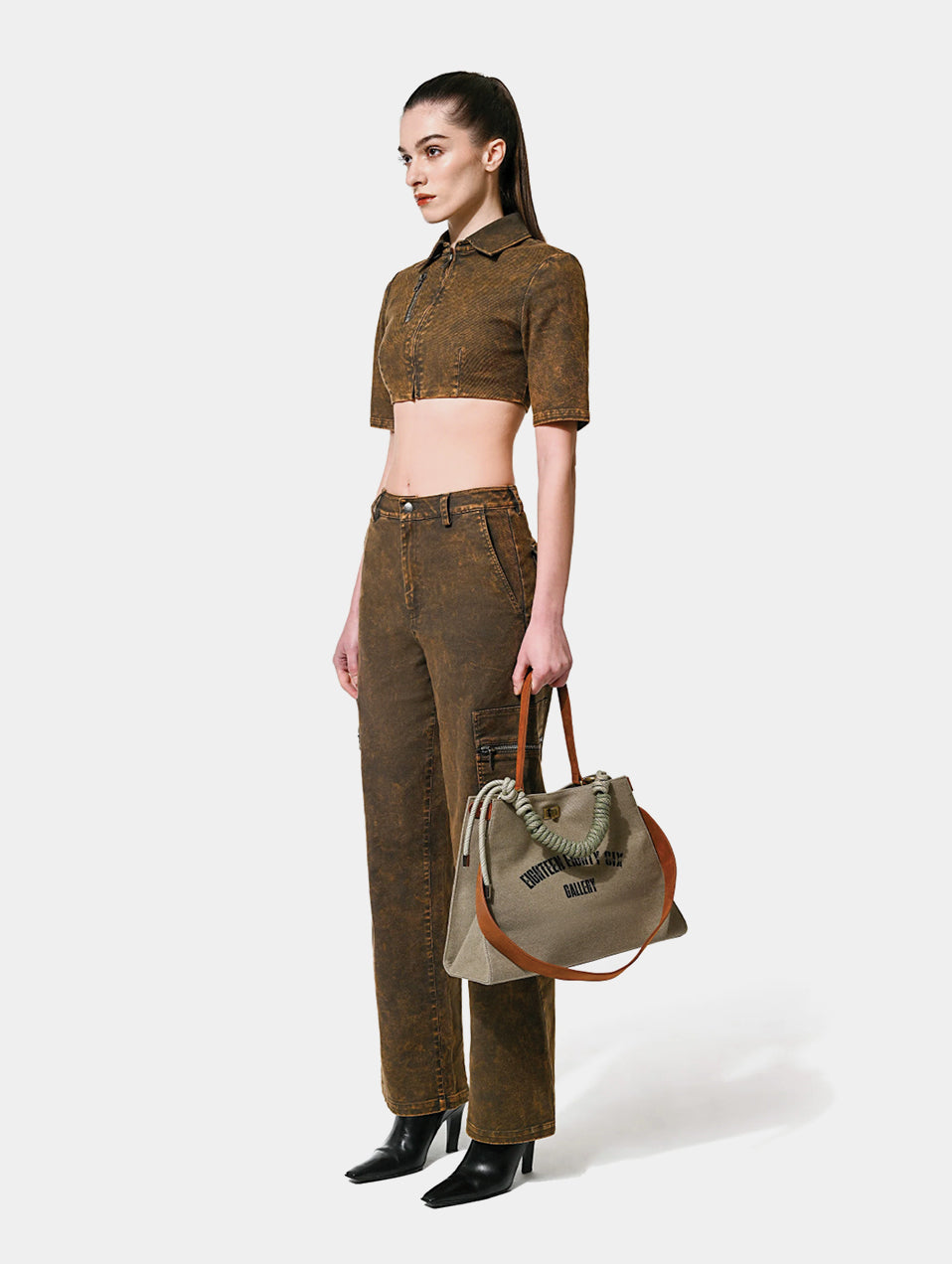 CROPPED OVER DYE ZIP TOP - CARAMEL