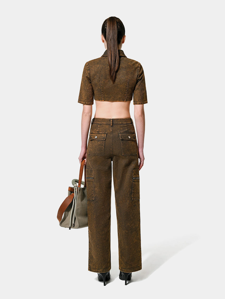 CROPPED OVER DYE ZIP TOP - CARAMEL