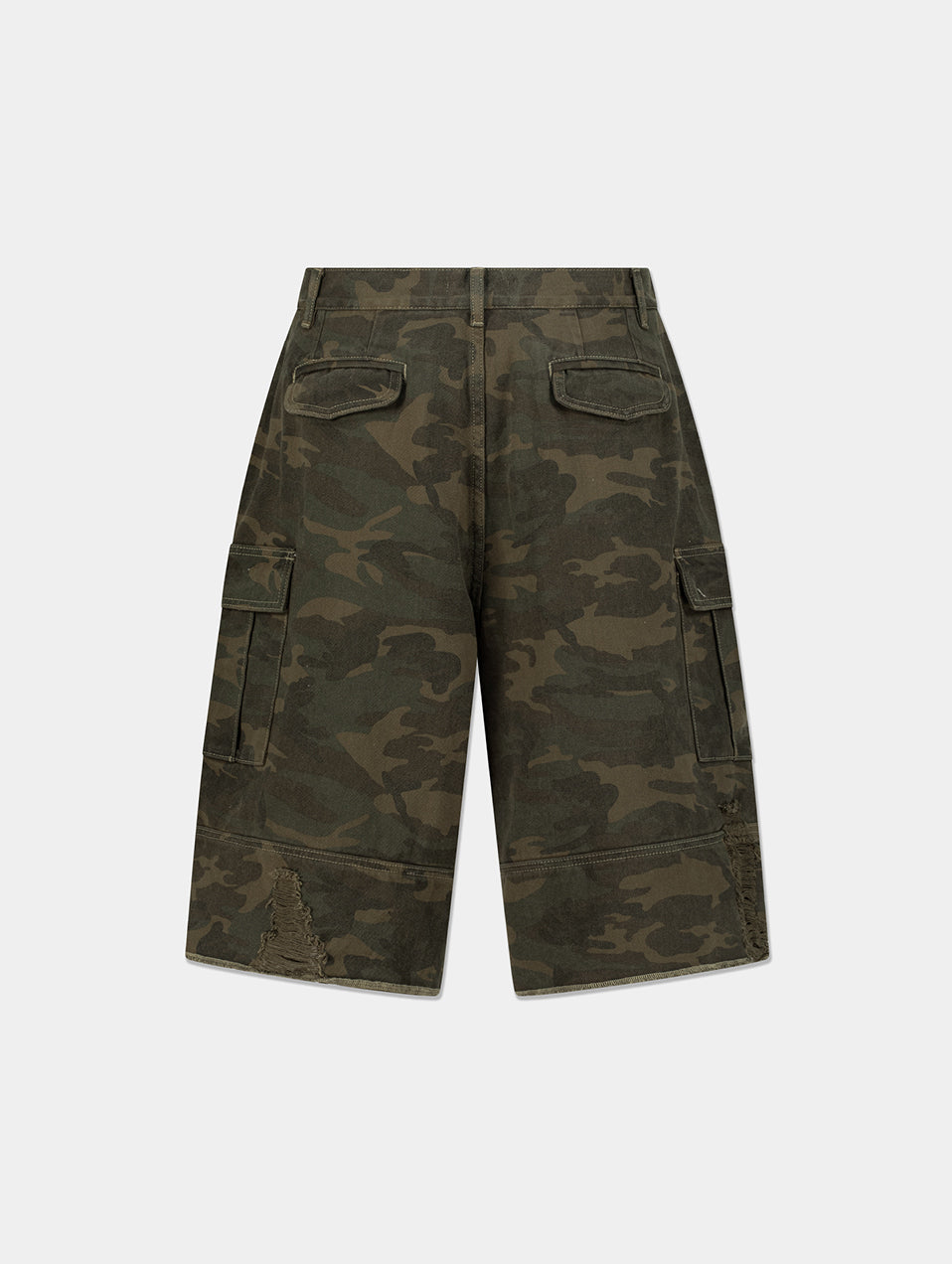 DISTRESSED CAMO SHORTS
