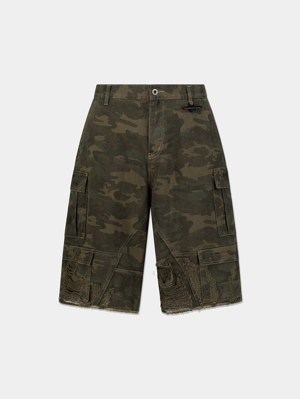 DISTRESSED CAMO SHORTS