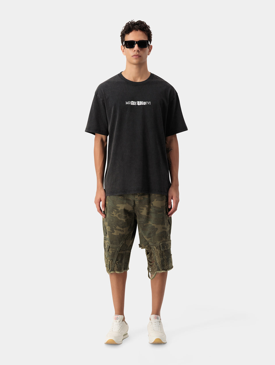 DISTRESSED CAMO SHORTS