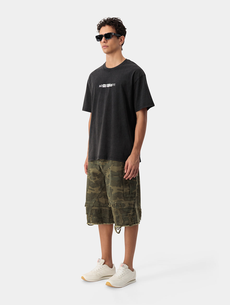 DISTRESSED CAMO SHORTS