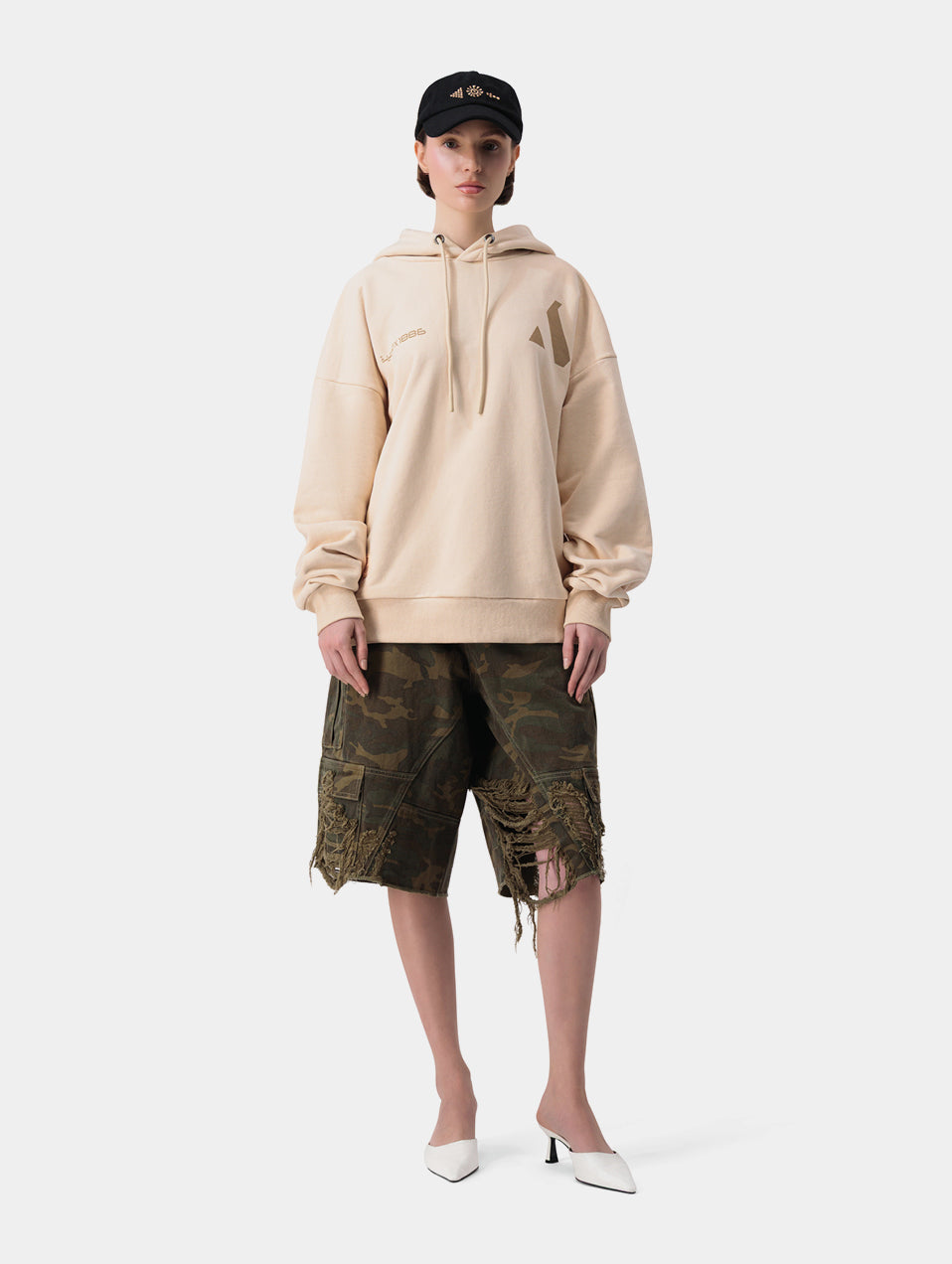 DISTRESSED CAMO SHORTS