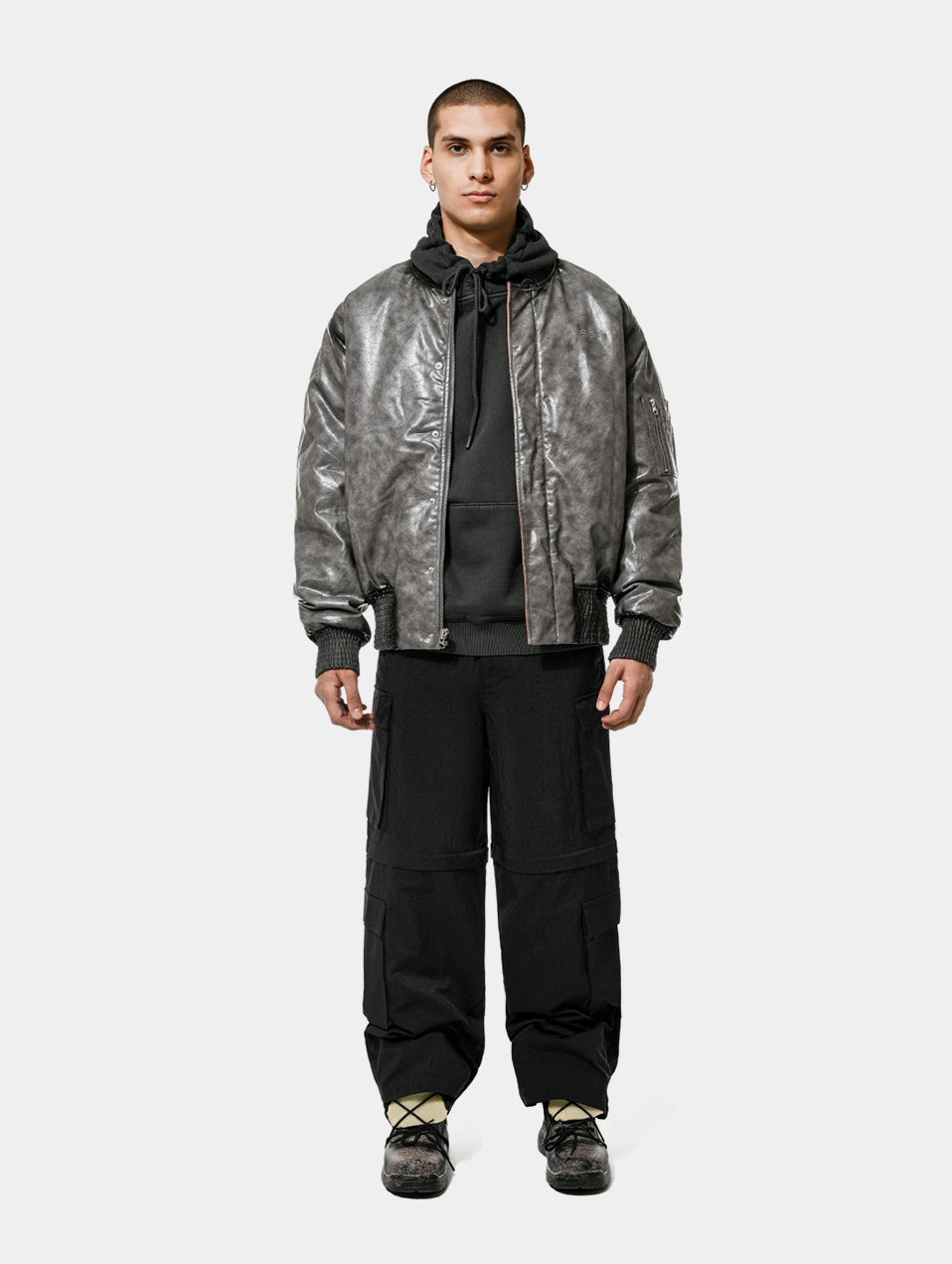 FAUX LEATHER CRACKED BOMBER - GREY