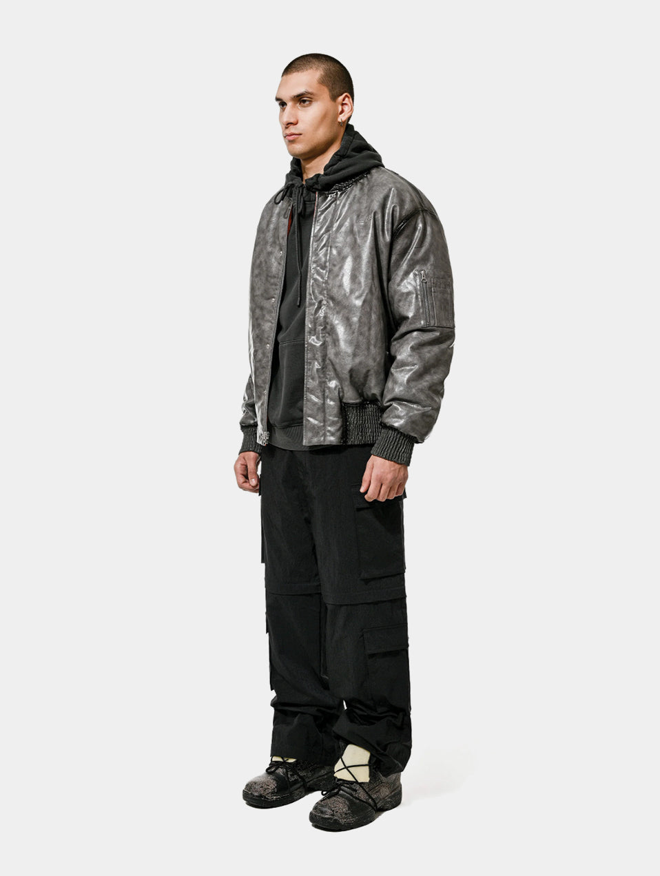 FAUX LEATHER CRACKED BOMBER - GREY