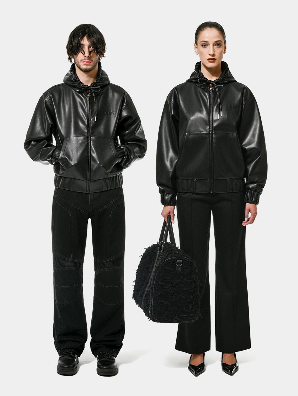 FAUX LEATHER HOODIE - BLACK