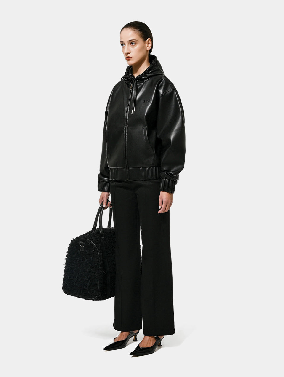 FAUX LEATHER HOODIE - BLACK