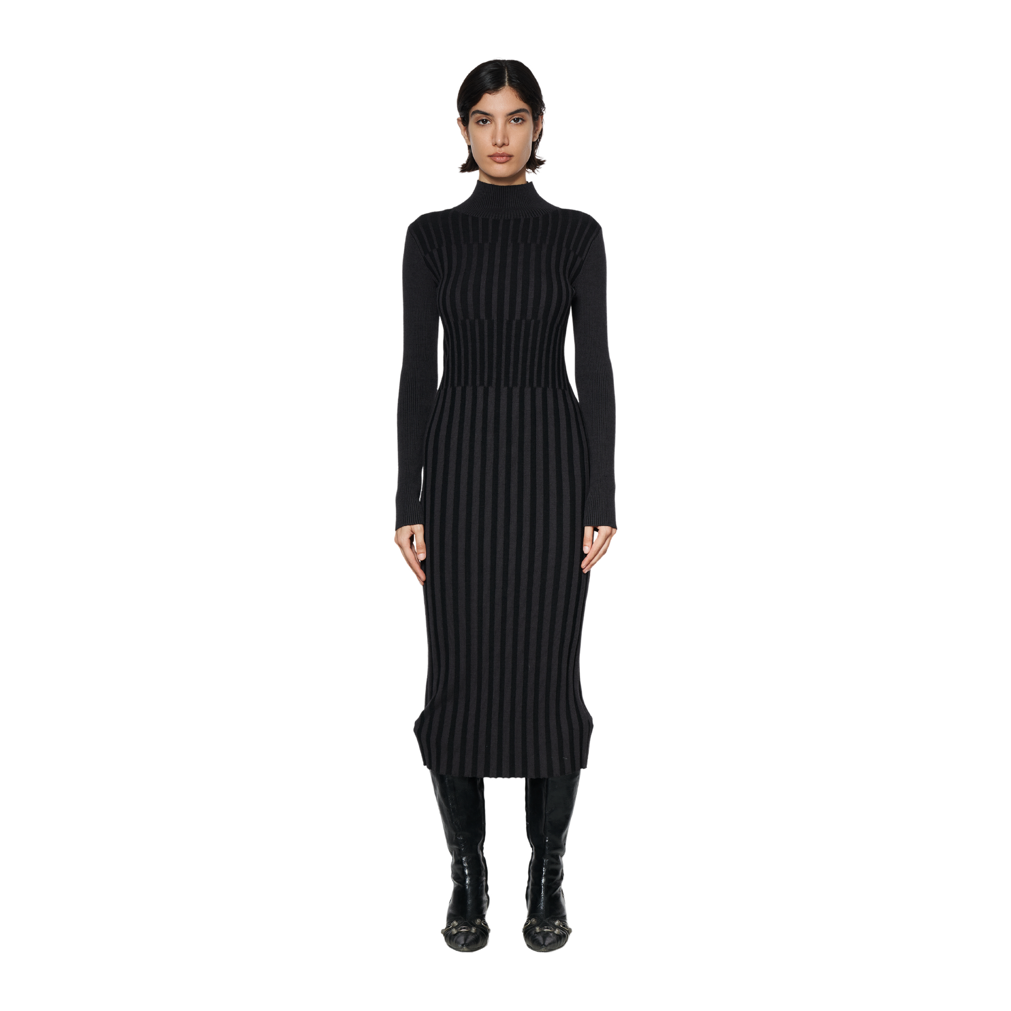 Knitted Dress With High Neck - Black/Charcoal