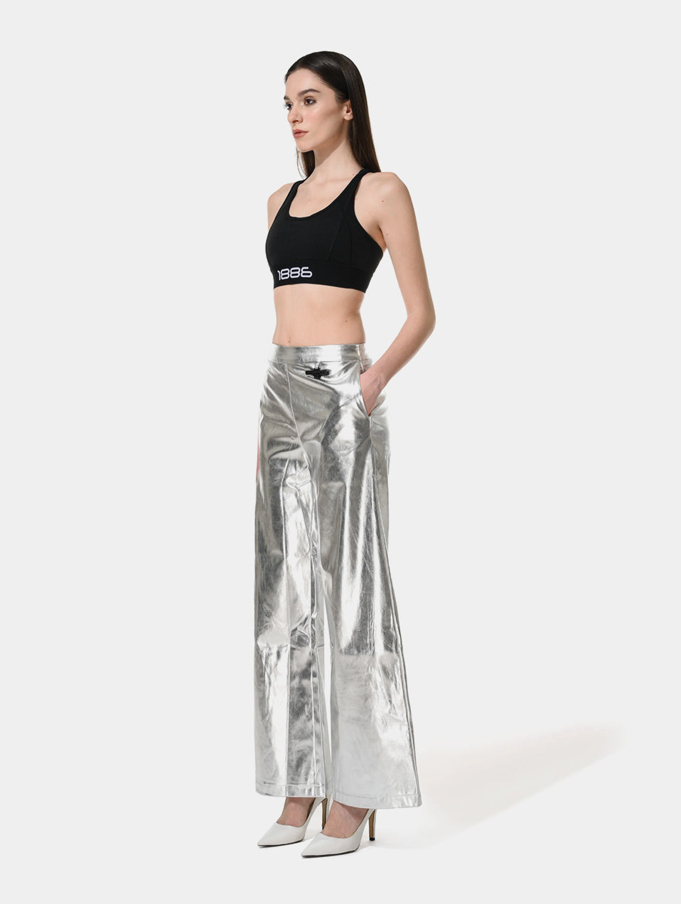 METALLIC WIDE LEG PANTS