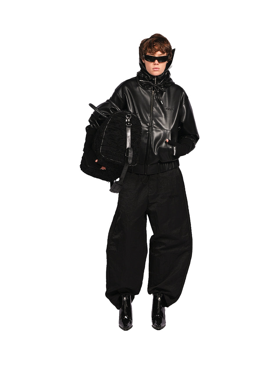 FAUX LEATHER HOODIE - BLACK
