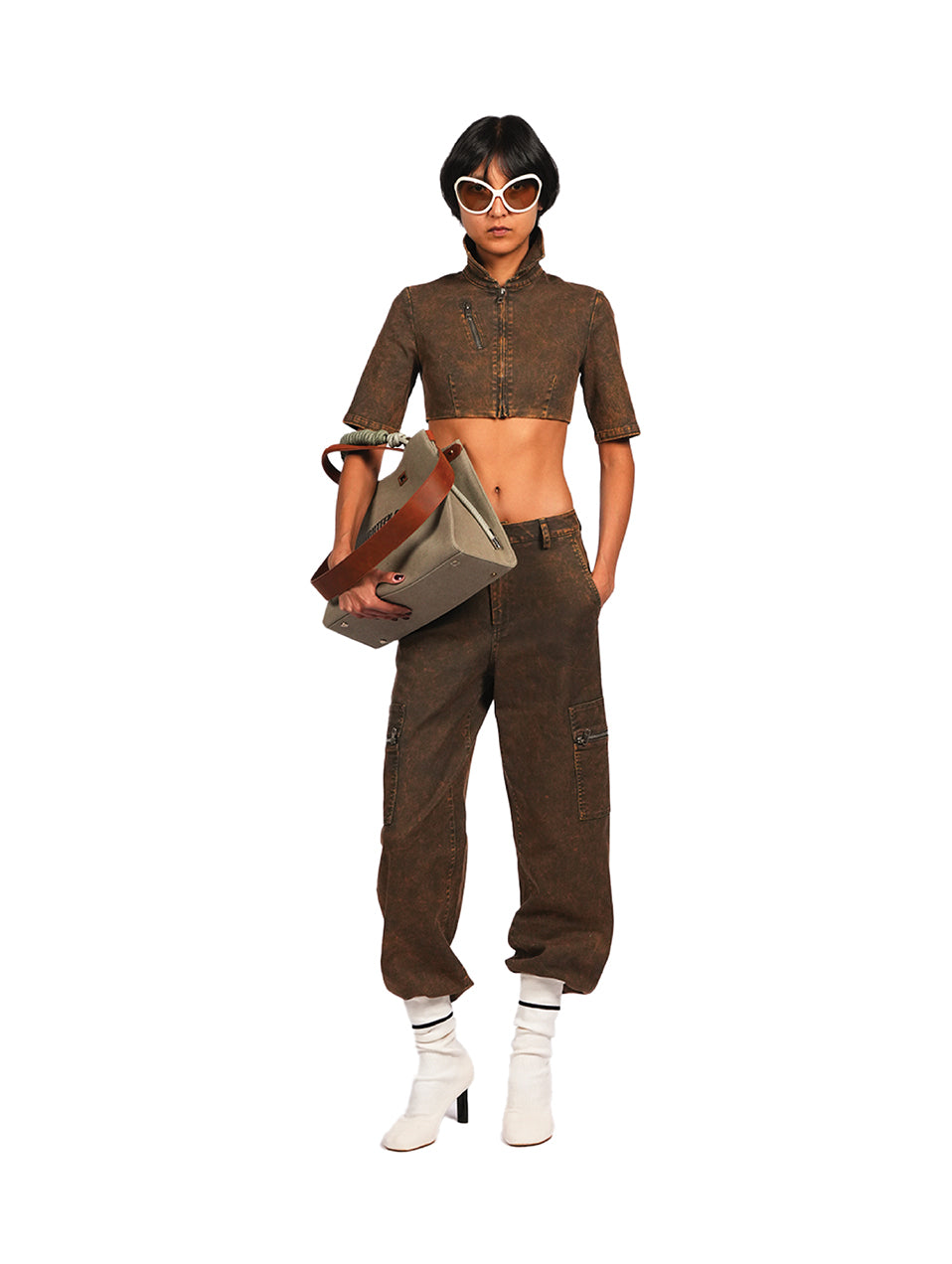 CROPPED OVER DYE ZIP TOP - CARAMEL