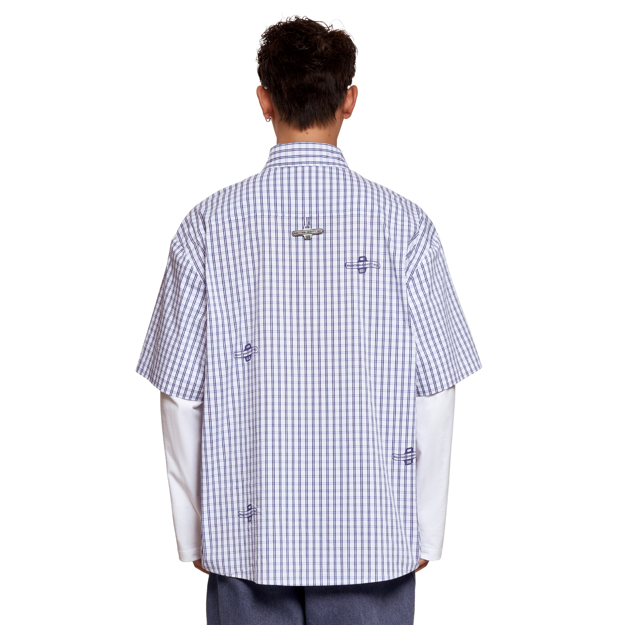 <tc>Printed logo gingham double قميص - سماوي</tc>