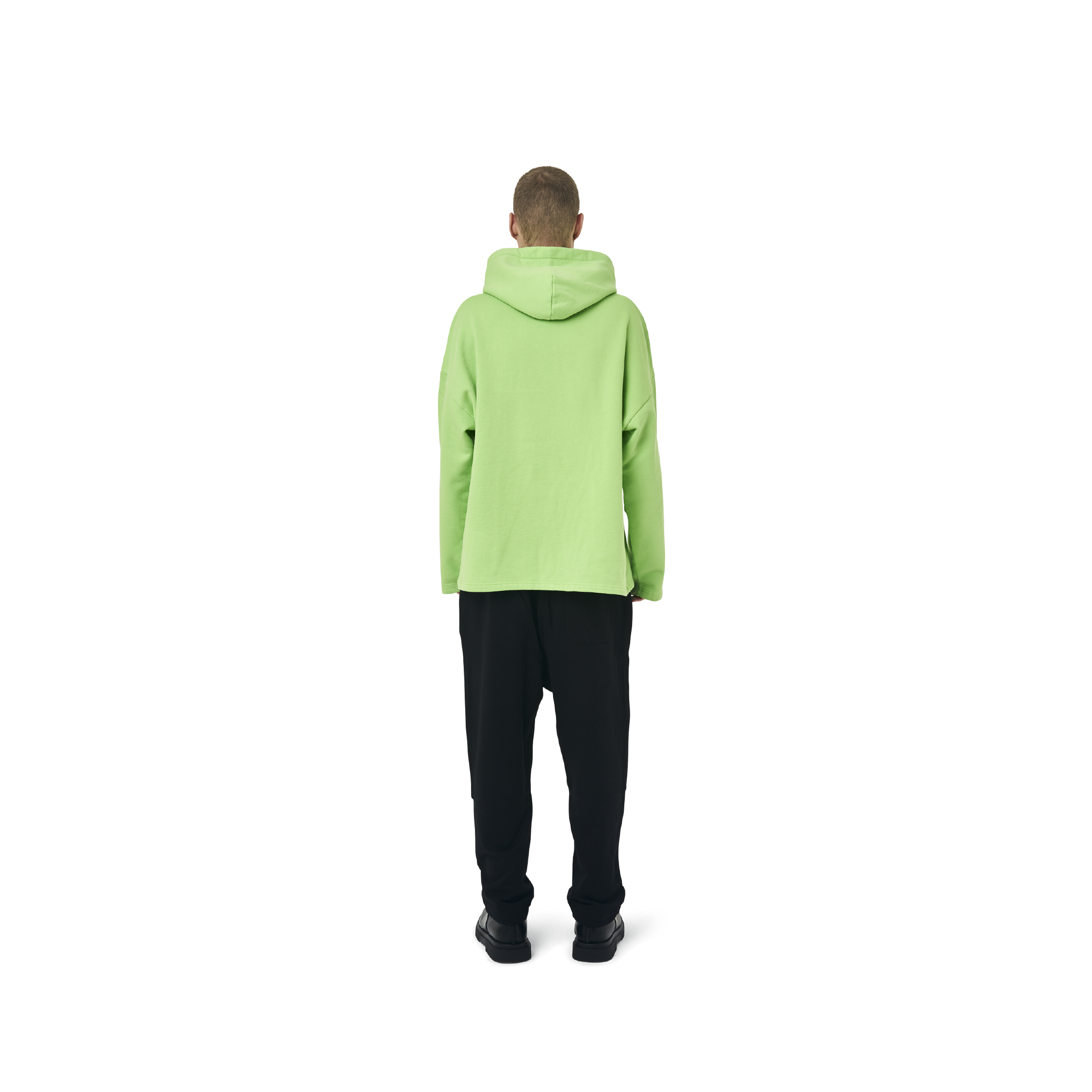 Long sleeves Loose cut hoodie in neon green color fabric featuring Eighteen Eighty-Six print at front. 1886 logo embroidered at bottom front. Loose at cuffs and hem.