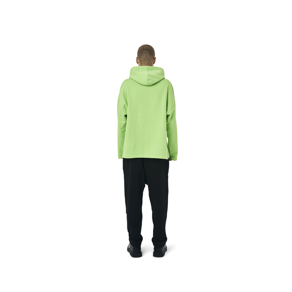 Long sleeves Loose cut hoodie in neon green color fabric featuring Eighteen Eighty-Six print at front. 1886 logo embroidered at bottom front. Loose at cuffs and hem.