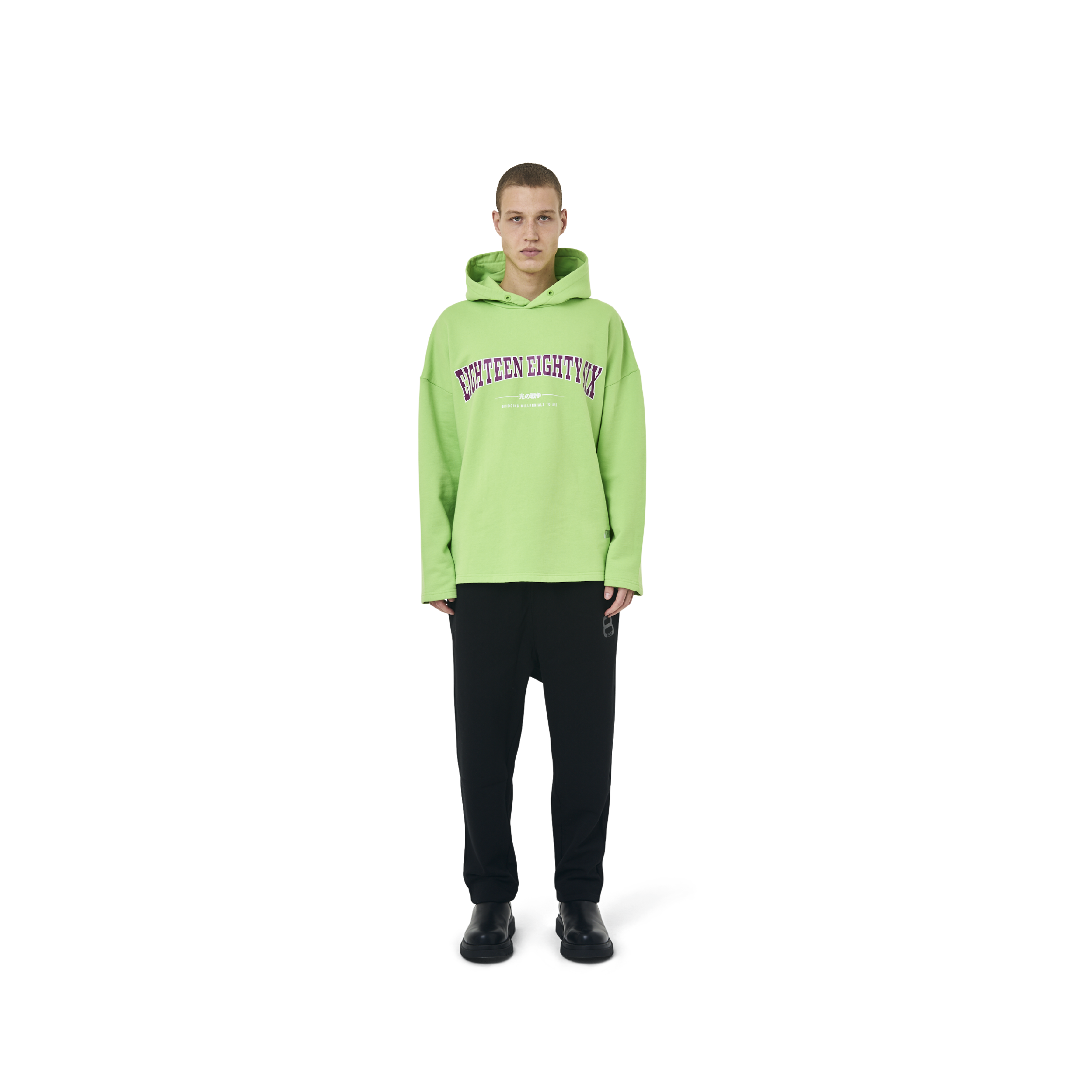 Long sleeves Loose cut hoodie in neon green color fabric featuring Eighteen Eighty-Six print at front. 1886 logo embroidered at bottom front. Loose at cuffs and hem.