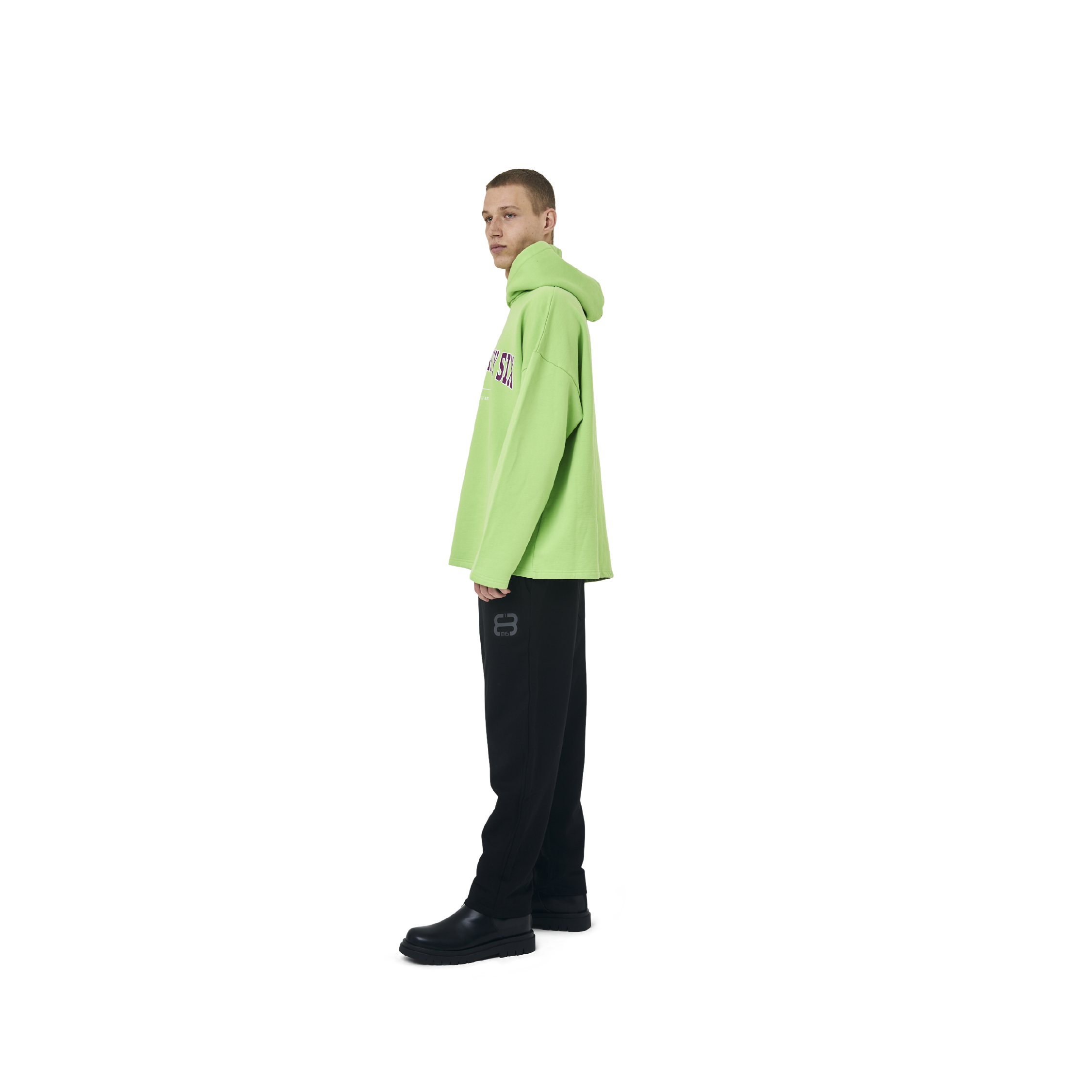 Long sleeves Loose cut hoodie in neon green color fabric featuring Eighteen Eighty-Six print at front. 1886 logo embroidered at bottom front. Loose at cuffs and hem.