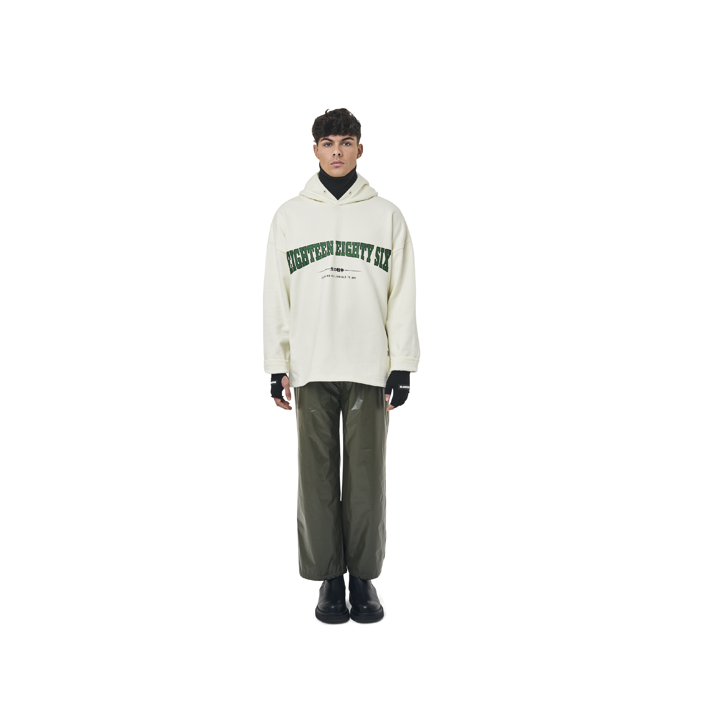 Long sleeves Loose cut hoodie in off white color fabric featuring Eighteen Eighty-Six print at front. 1886 logo embroidered at bottom front. Loose at cuffs and hem.