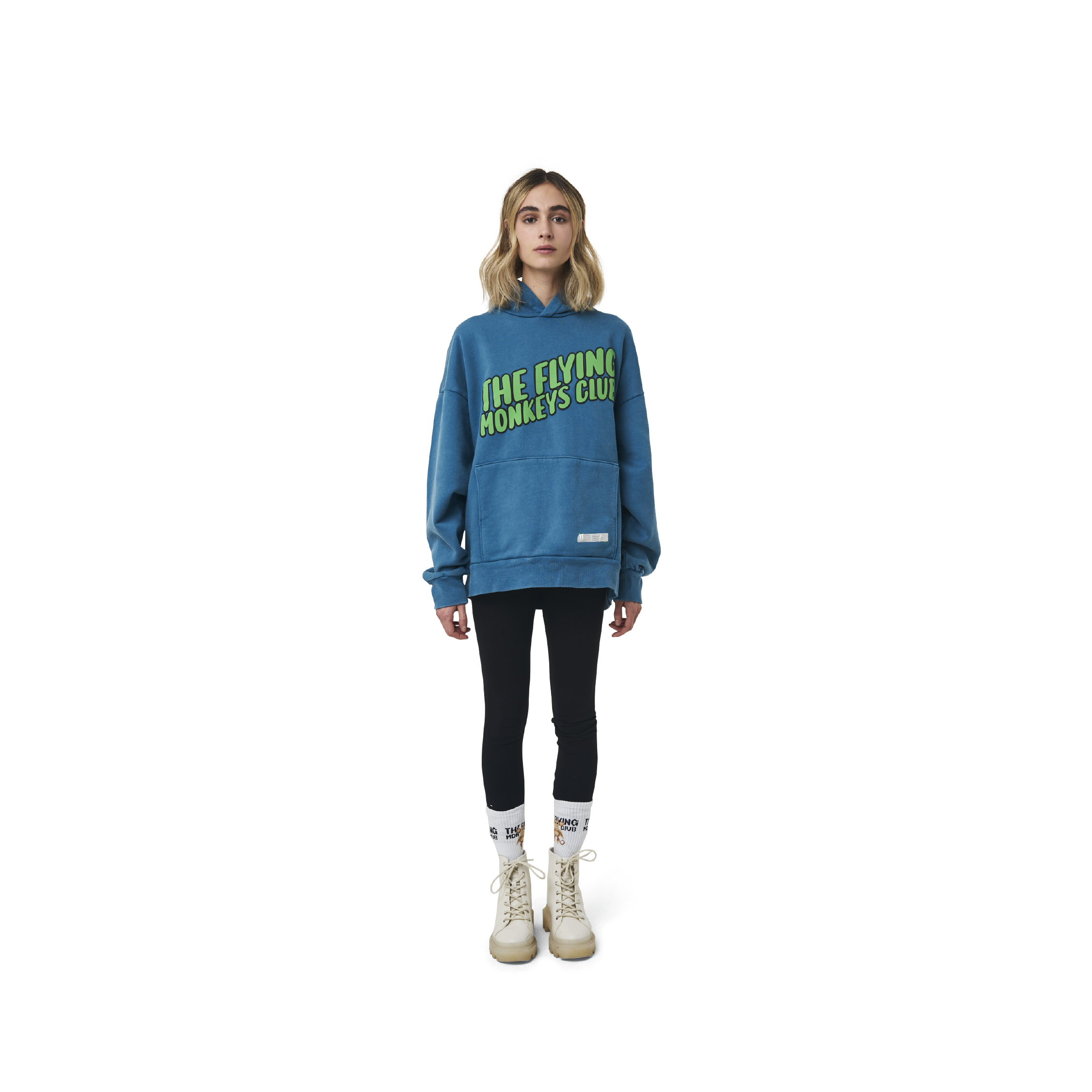 Long sleeves oversize cut hoodie in washed sapphire blue color fabric featuring  ' The Flying Monkeys Club ' logo print at front and at back. 1886 logo embroidered at kangaroo pocket. Rib knit at cuffs and hem.