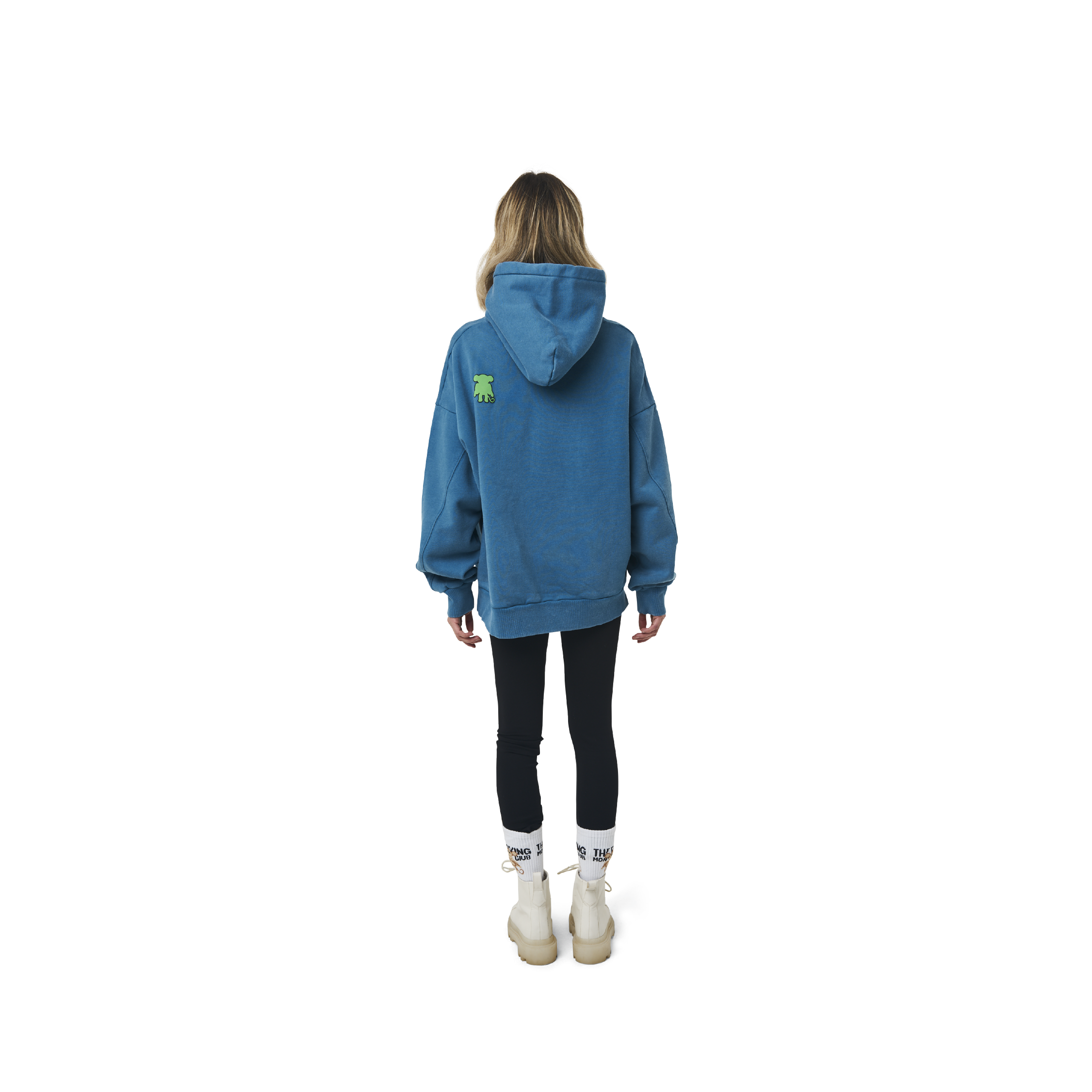 Long sleeves oversize cut hoodie in washed sapphire blue color fabric featuring  ' The Flying Monkeys Club ' logo print at front and at back. 1886 logo embroidered at kangaroo pocket. Rib knit at cuffs and hem.