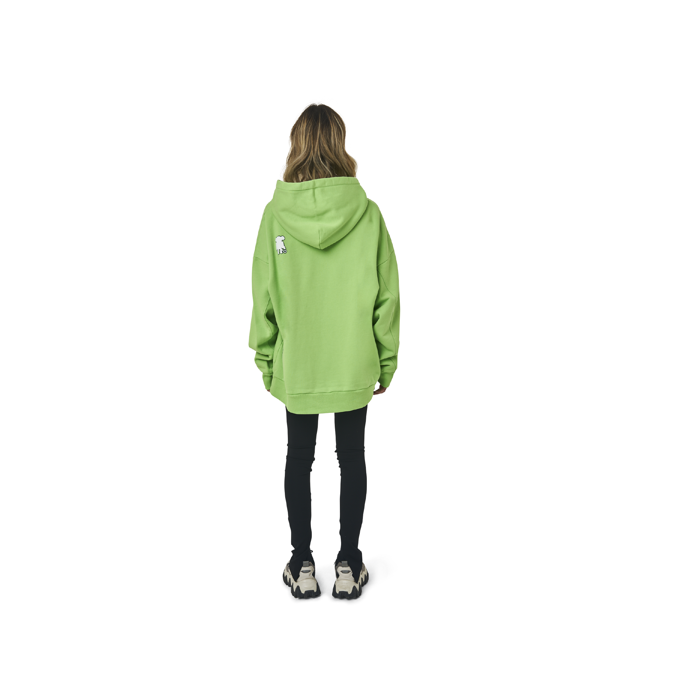 Long sleeves oversize cut hoodie in washed neon green  color fabric featuring  ' The Flying Monkeys Club '  logo print at front and at back. 1886 logo embroidered at kangaroo pocket. Rib knit at cuffs and hem.