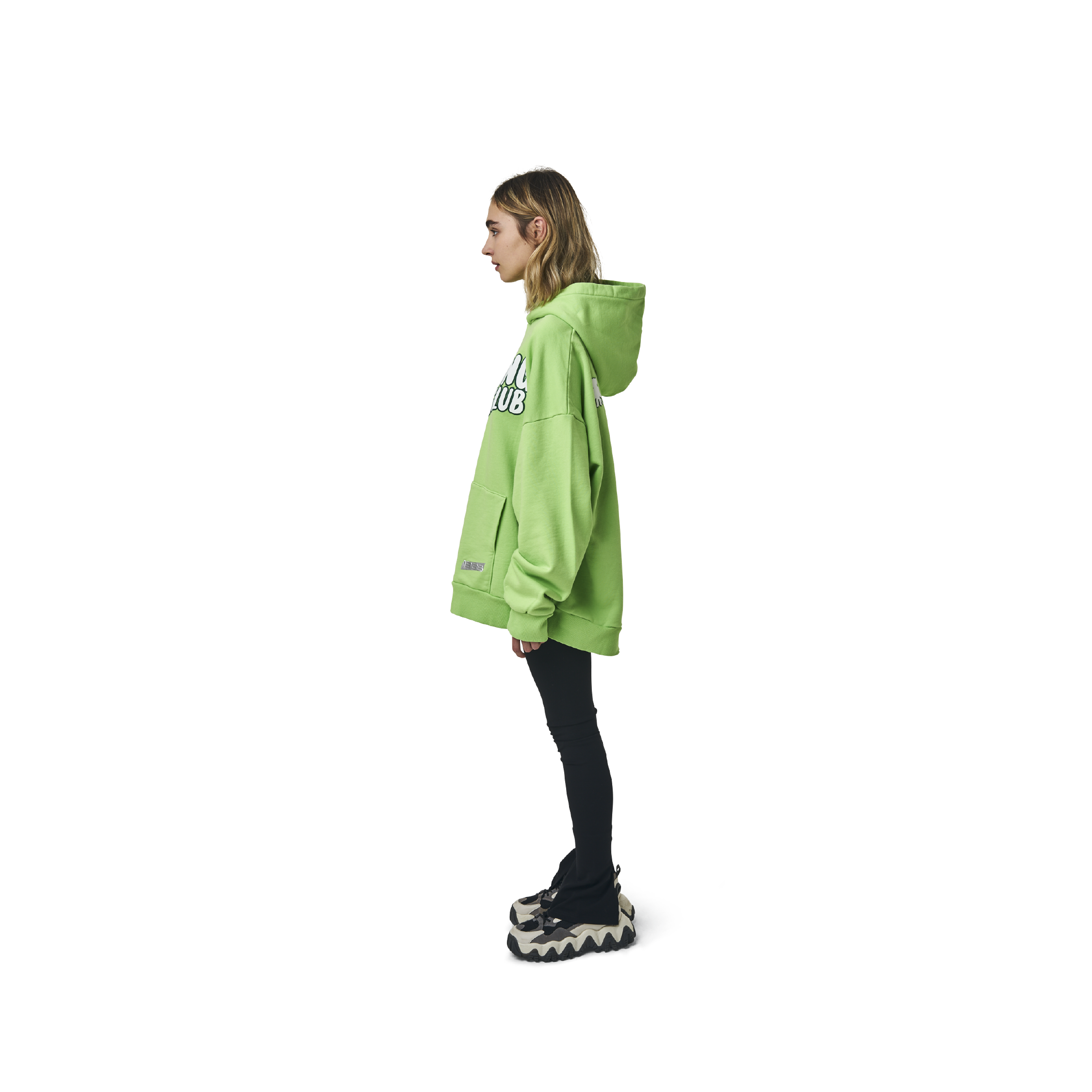 Long sleeves oversize cut hoodie in washed neon green  color fabric featuring  ' The Flying Monkeys Club '  logo print at front and at back. 1886 logo embroidered at kangaroo pocket. Rib knit at cuffs and hem.