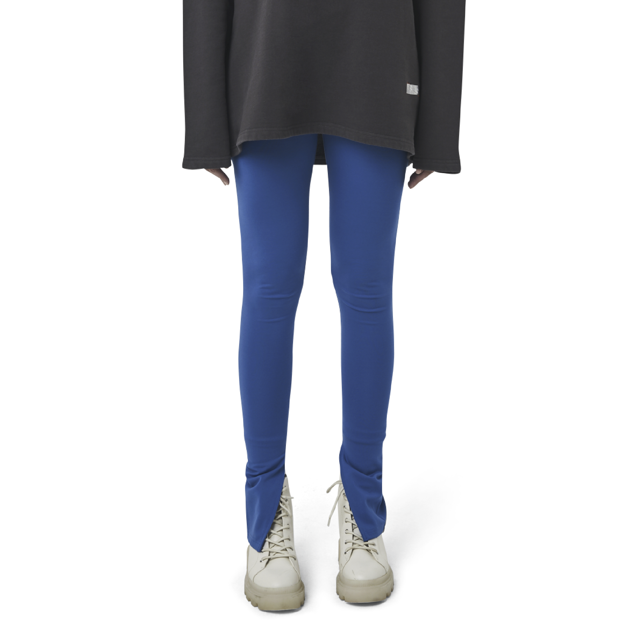 Classic leggings in blue fabric featuring Eighteen Eighty-Six logo patch sewn at Elastic waistband. Open at ankle cuffs.