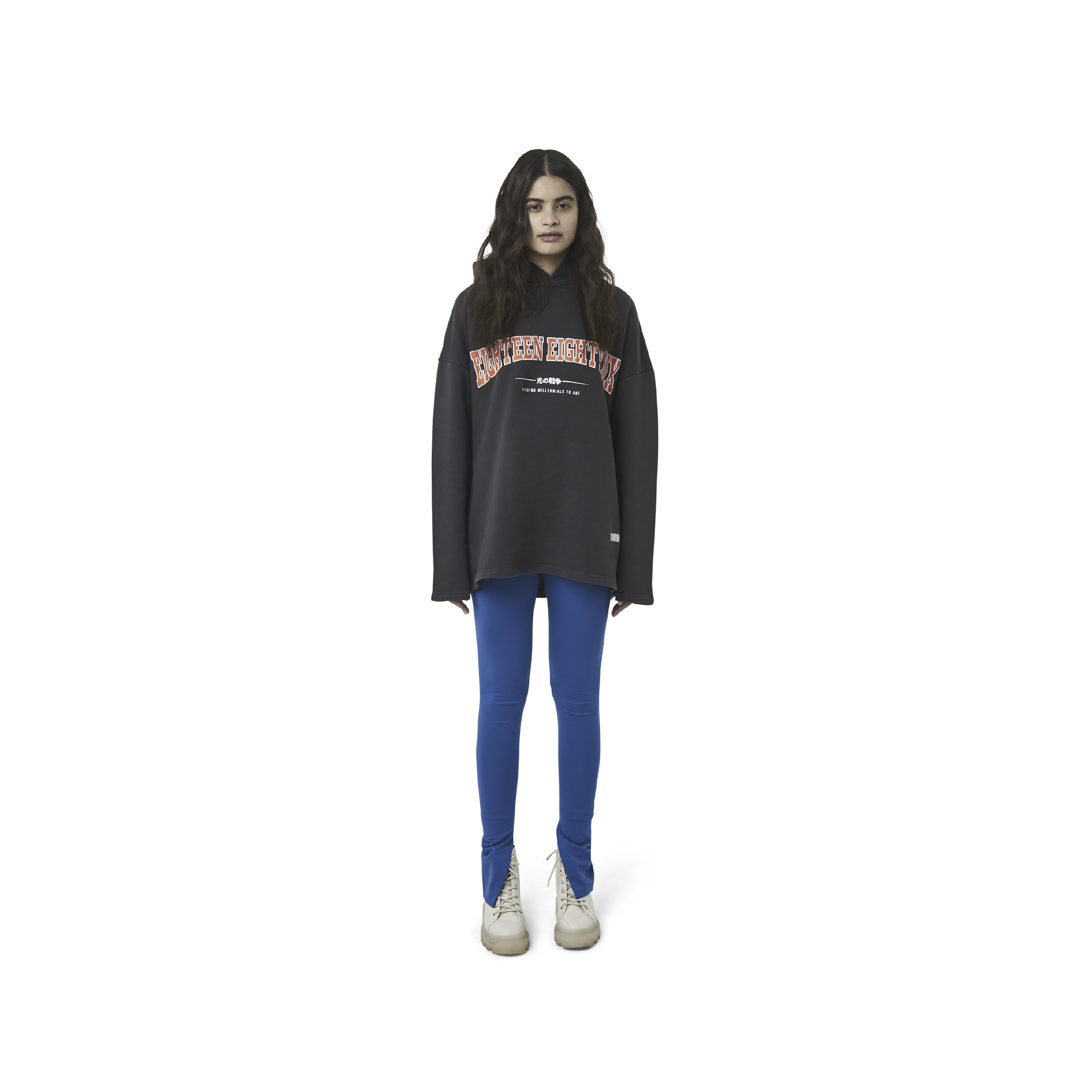Classic leggings in blue fabric featuring Eighteen Eighty-Six logo patch sewn at Elastic waistband. Open at ankle cuffs.