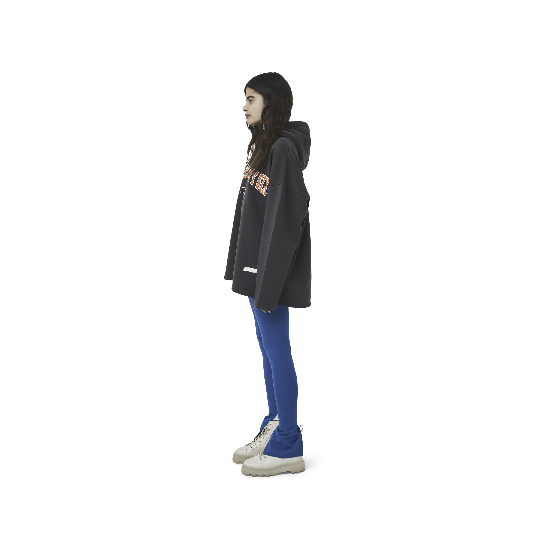 Classic leggings in blue fabric featuring Eighteen Eighty-Six logo patch sewn at Elastic waistband. Open at ankle cuffs.