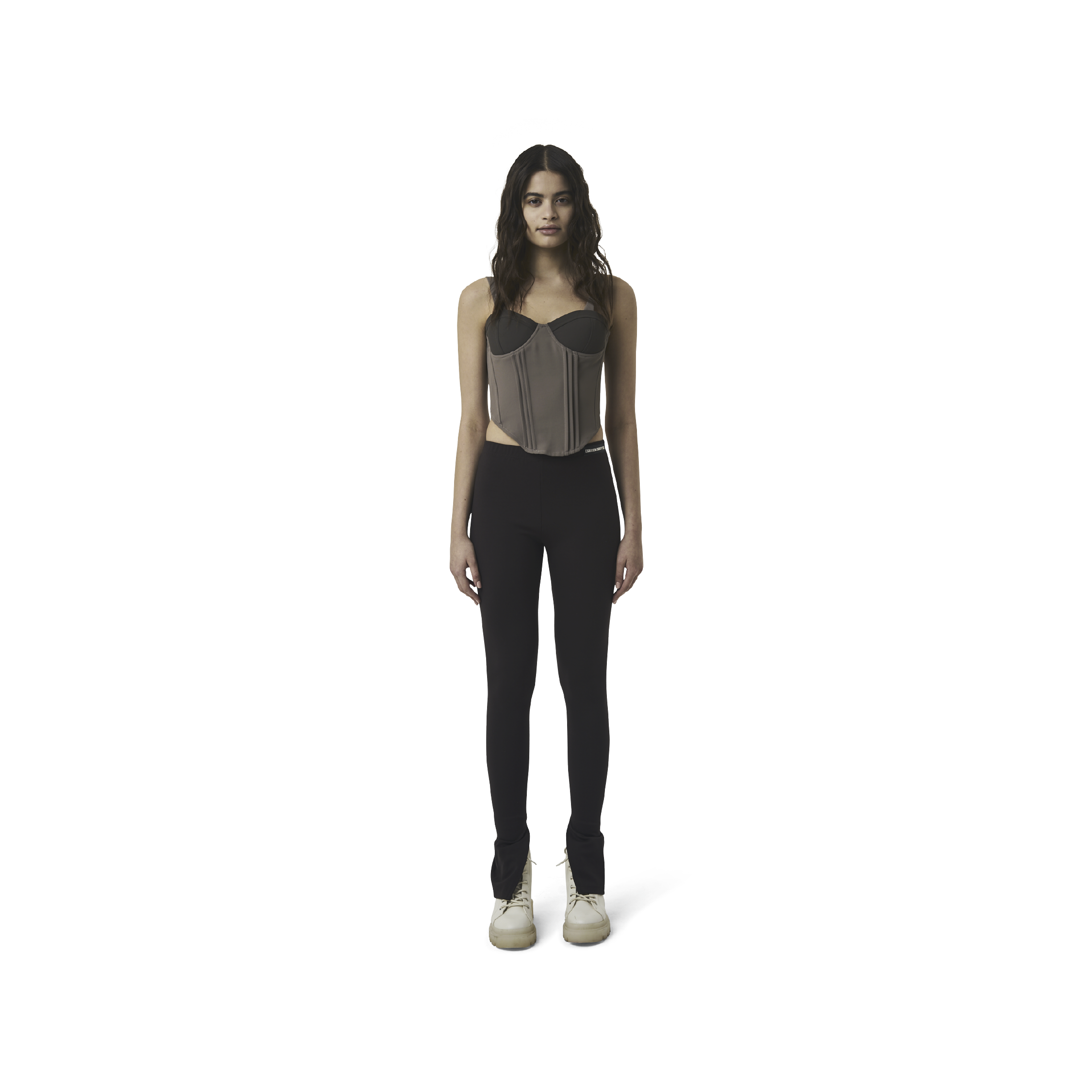 Classic leggings in coffee brown fabric featuring Eighteen Eighty-Six logo patch sewn at Elastic waistband. Open at ankle cuffs.
