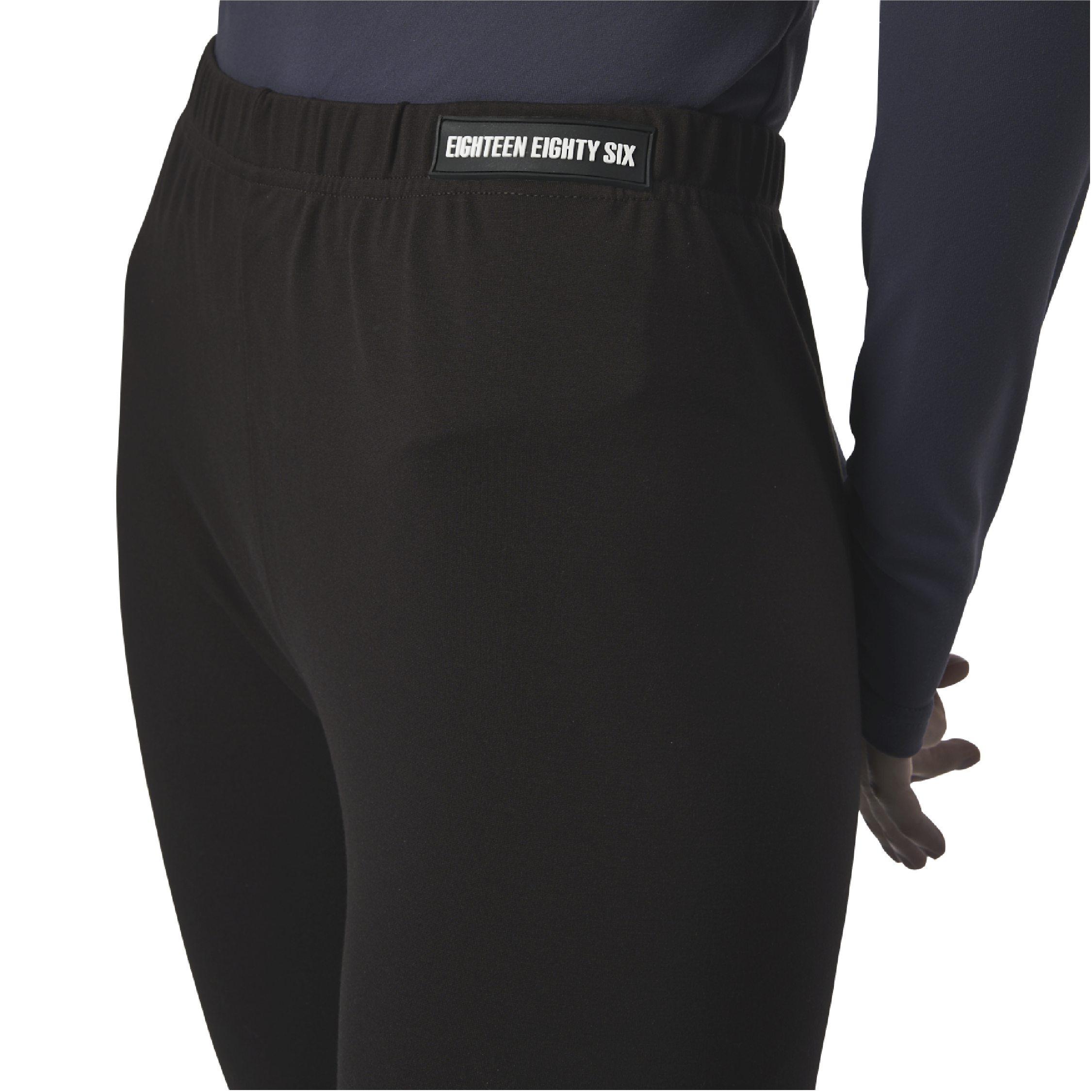 Classic leggings in coffee brown fabric featuring Eighteen Eighty-Six logo patch sewn at Elastic waistband. Open at ankle cuffs.