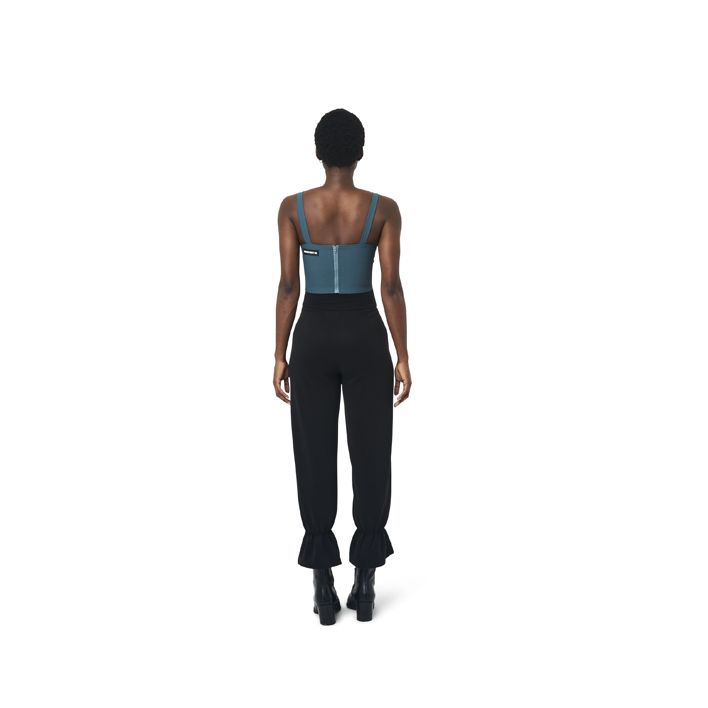 Cropped corset top in mix blue fabric color featuring lines details at front. logo patch sewn at Scoop neck. Full zipper at back.