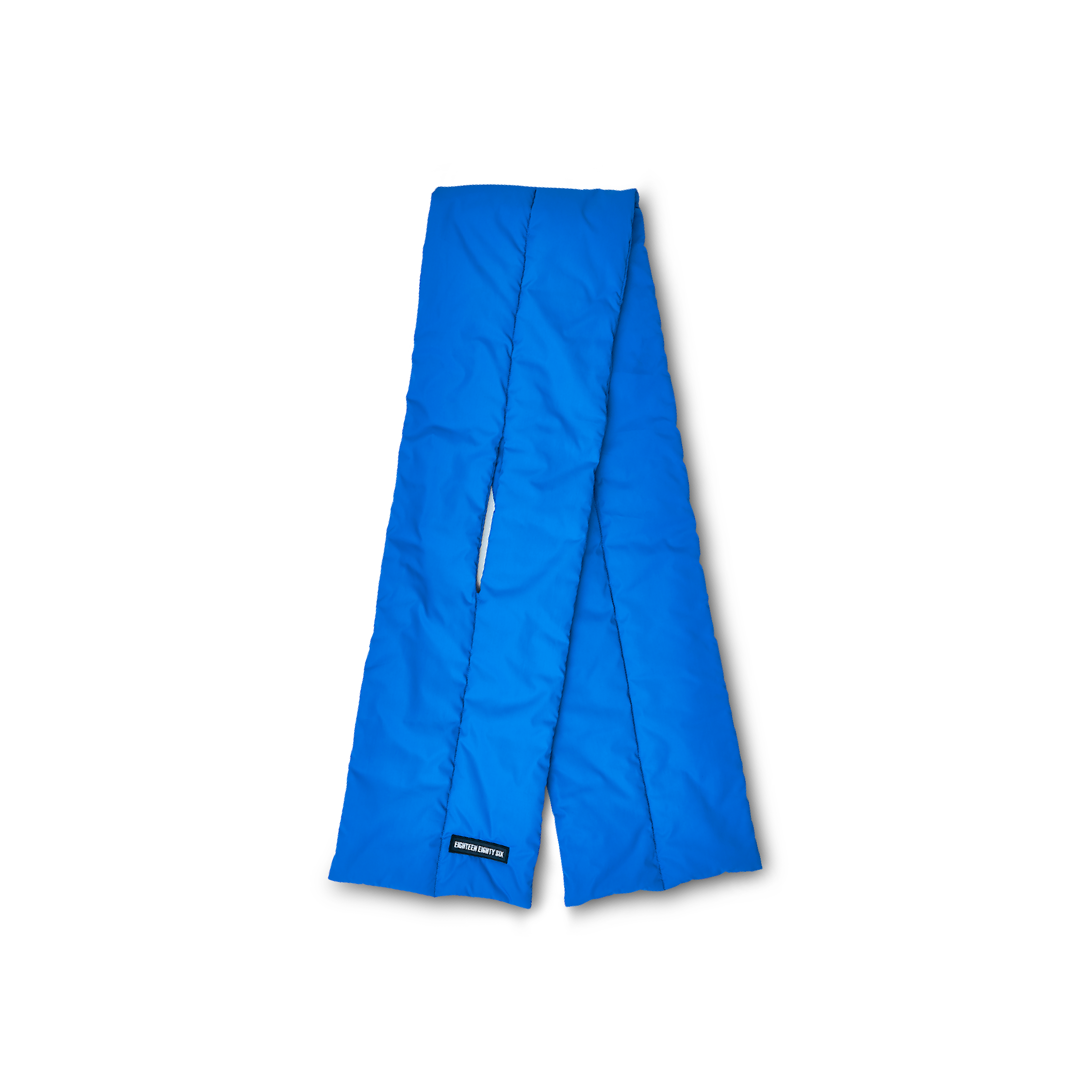 Rectangular down puffer scarf in blue featuring Eighteen Eighty-Six logo patch sewn at bottom.